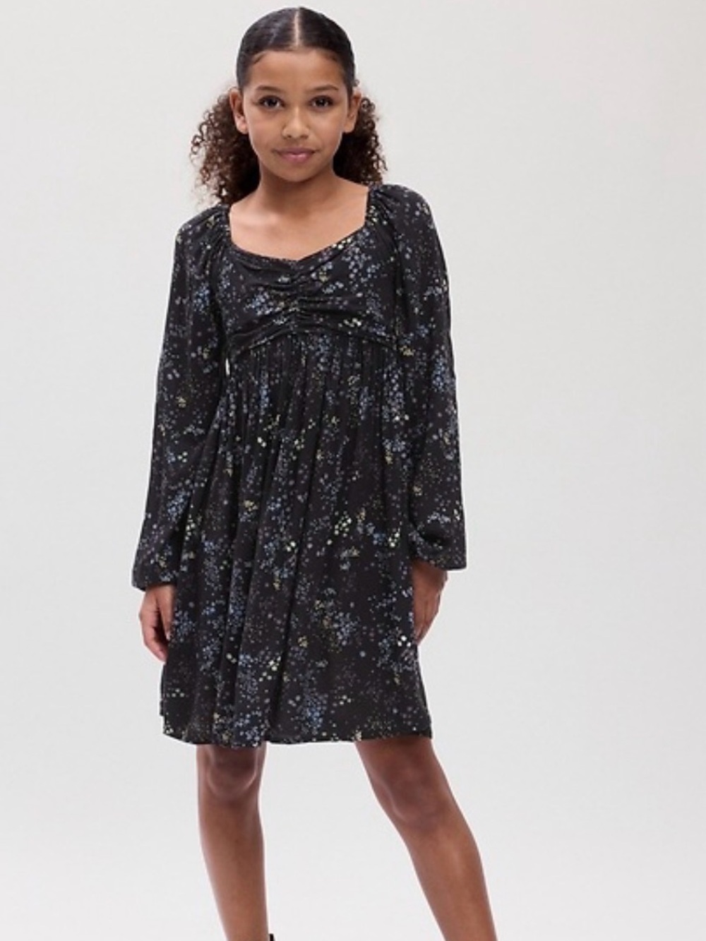 GAP Girls XXL Black Floral Long Sleeve  Dress with Smocked Bust